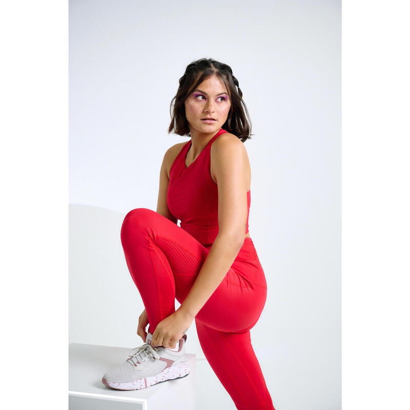 Legging taille haute gainant Fitness Cardio Femme Rouge