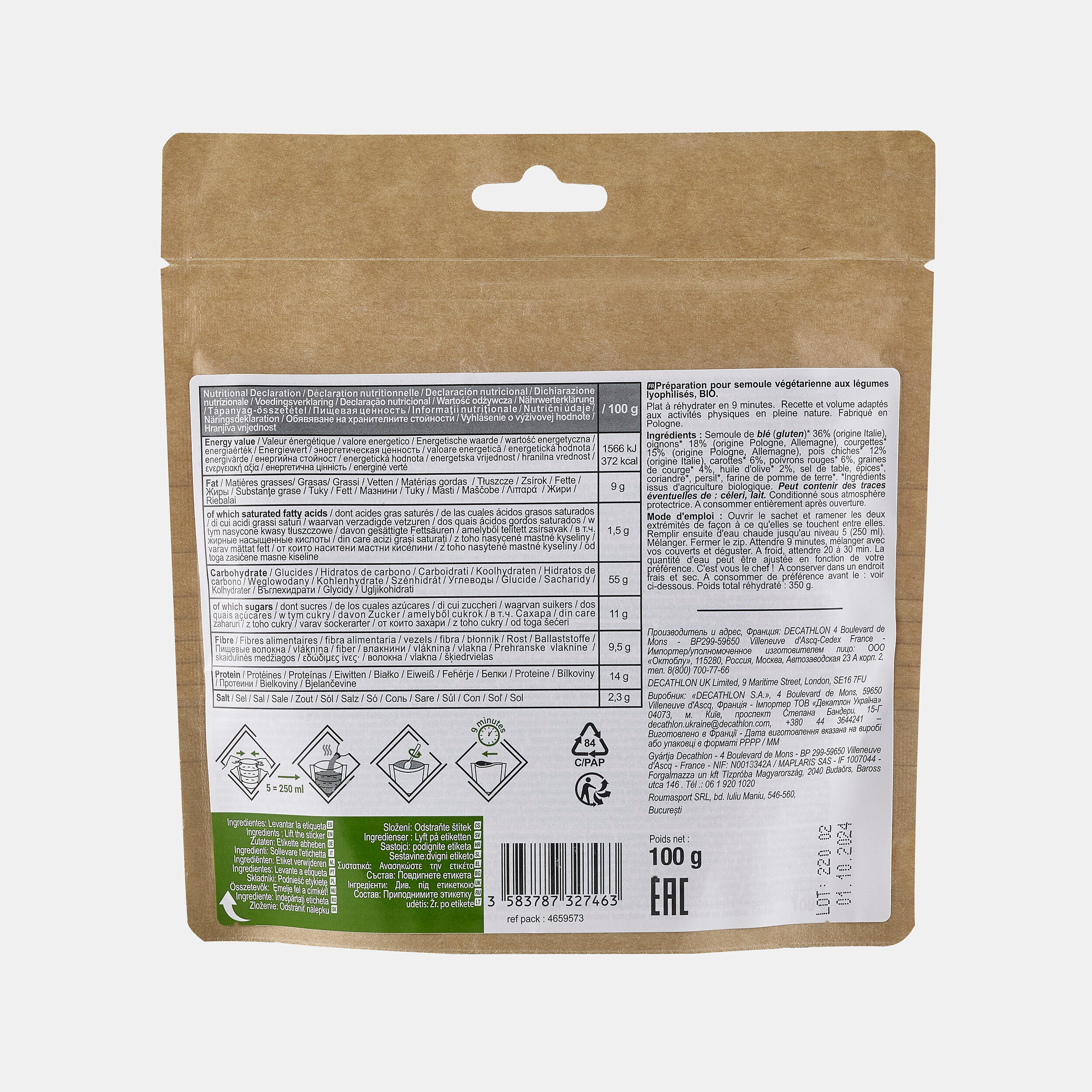 Repas lyophilisé végétarien et bio - semoule aux légumes - 100 g