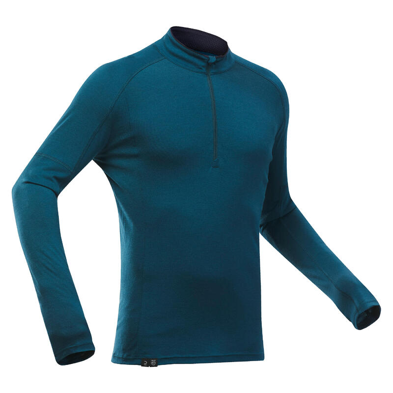 T-shirt manches longues de trek montagne en laine mérinos col zip MT500 - Homme