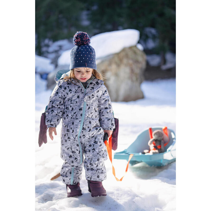 Bonnet bébé et tour de cou de ski / luge - WARM à pois bleu marine et rose