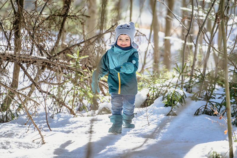 Bonnet bébé et tour de cou de ski / luge - WARM à pois bleu marine