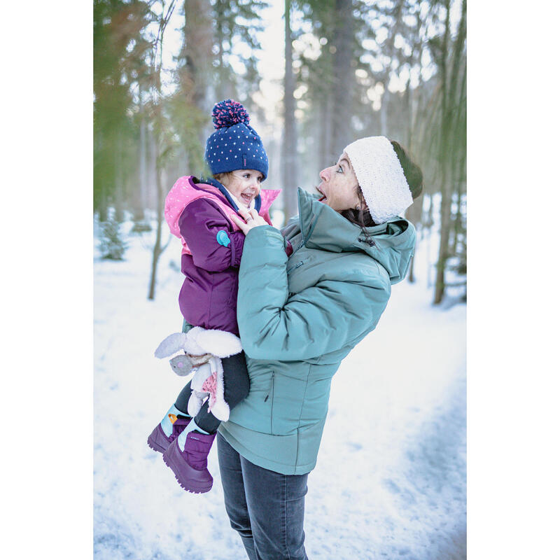 Bonnet bébé et tour de cou de ski / luge - WARM à pois bleu marine et rose