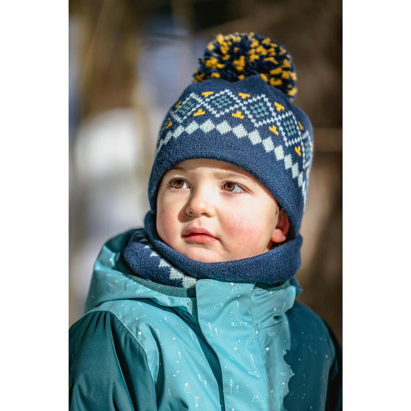 Bonnet bébé et tour de cou de ski / luge - WARM bleu marine et jaune