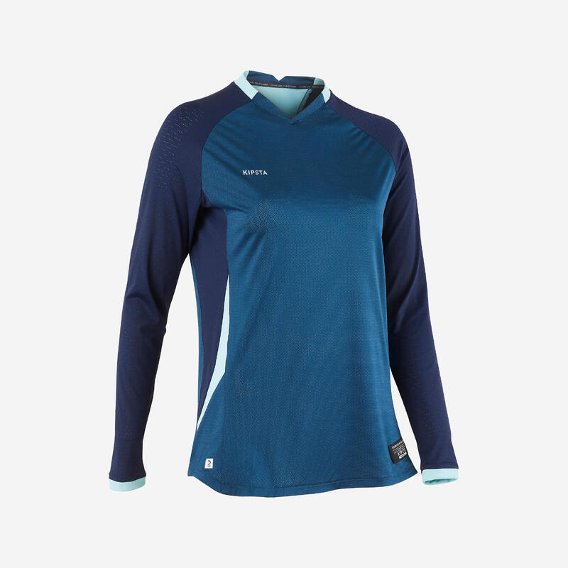 Voetbalshirt met lange mouwen voor dames rechte snit blauw