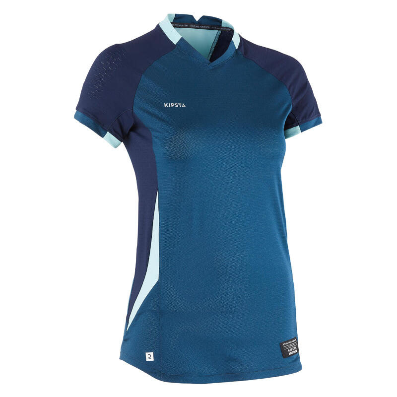 Maillot de football femme bleu, manche courte, coupe slim