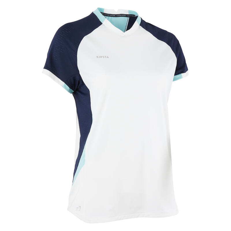 Camiseta de fútbol mujer blanca, manga corta, corte recto