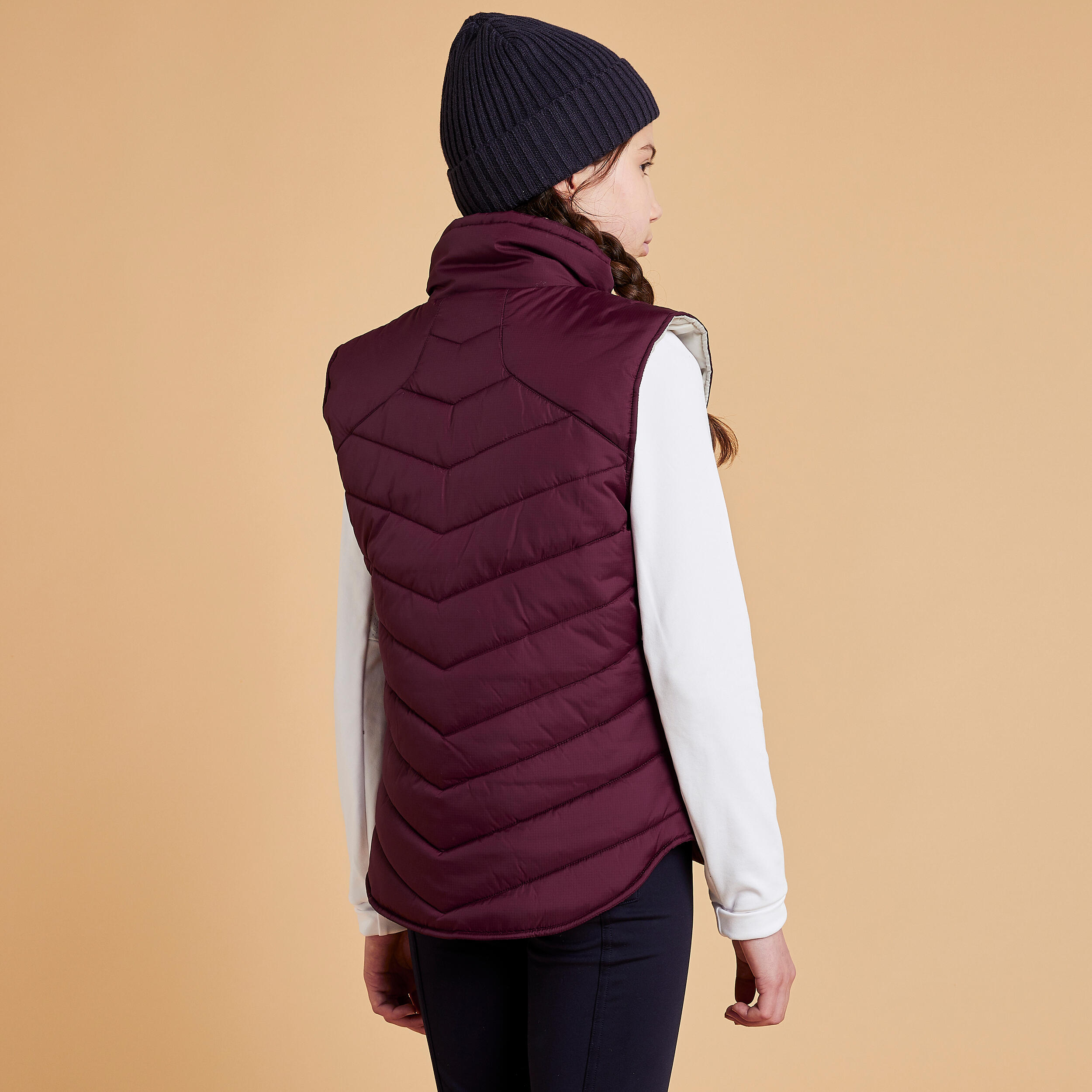 Kids' Warm Sleeveless Horse Riding Padded Jacket 500 - Burgundy 4/5