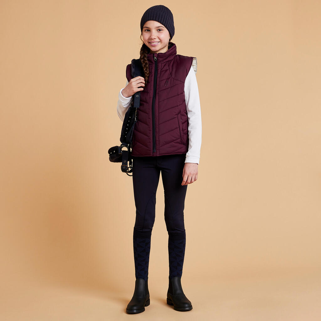 Kids' Warm Sleeveless Horse Riding Padded Jacket 500 - Burgundy