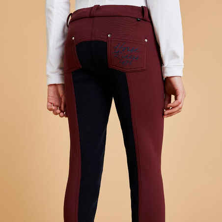 Kids' Warm Full Seat Horse Riding Jodhpurs 180 - Burgundy