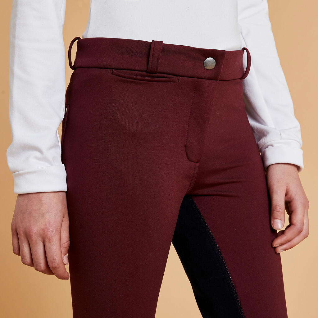 Kids' Warm Full Seat Horse Riding Jodhpurs 180 - Burgundy