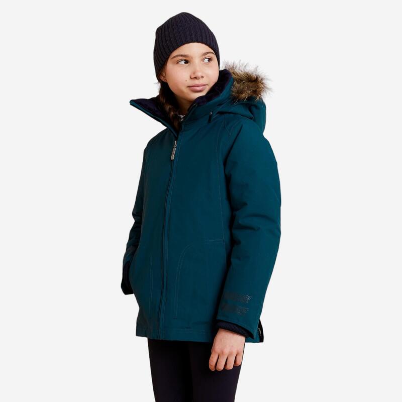 Parka équitation enfant imperméable et chaude 500 WARM vert pétrole