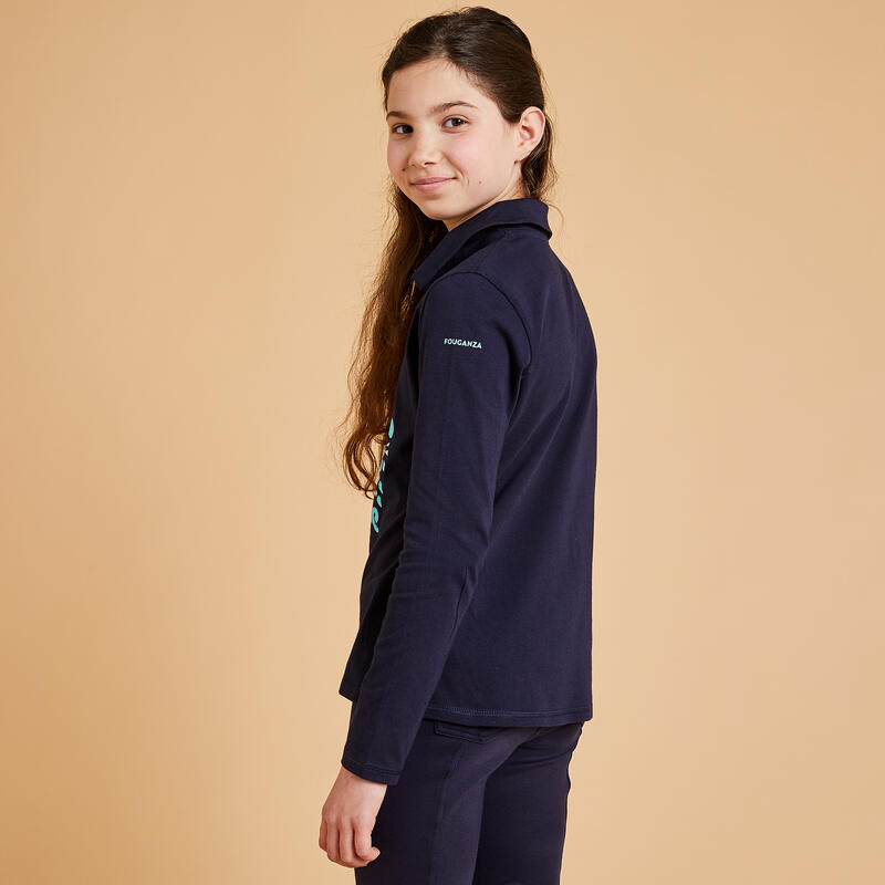 Polo de Manga Comprida de Equitação Menina 100 Azul/Preto/Turquesa