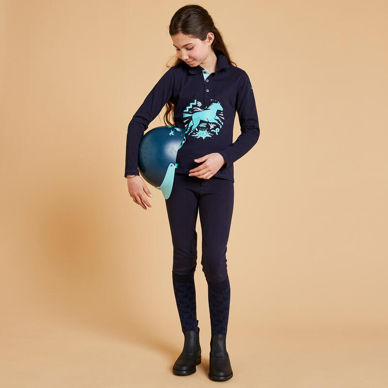 Dívčí jezdecké polo tričko 100 s dlouhými rukávy modro-tyrkysové 