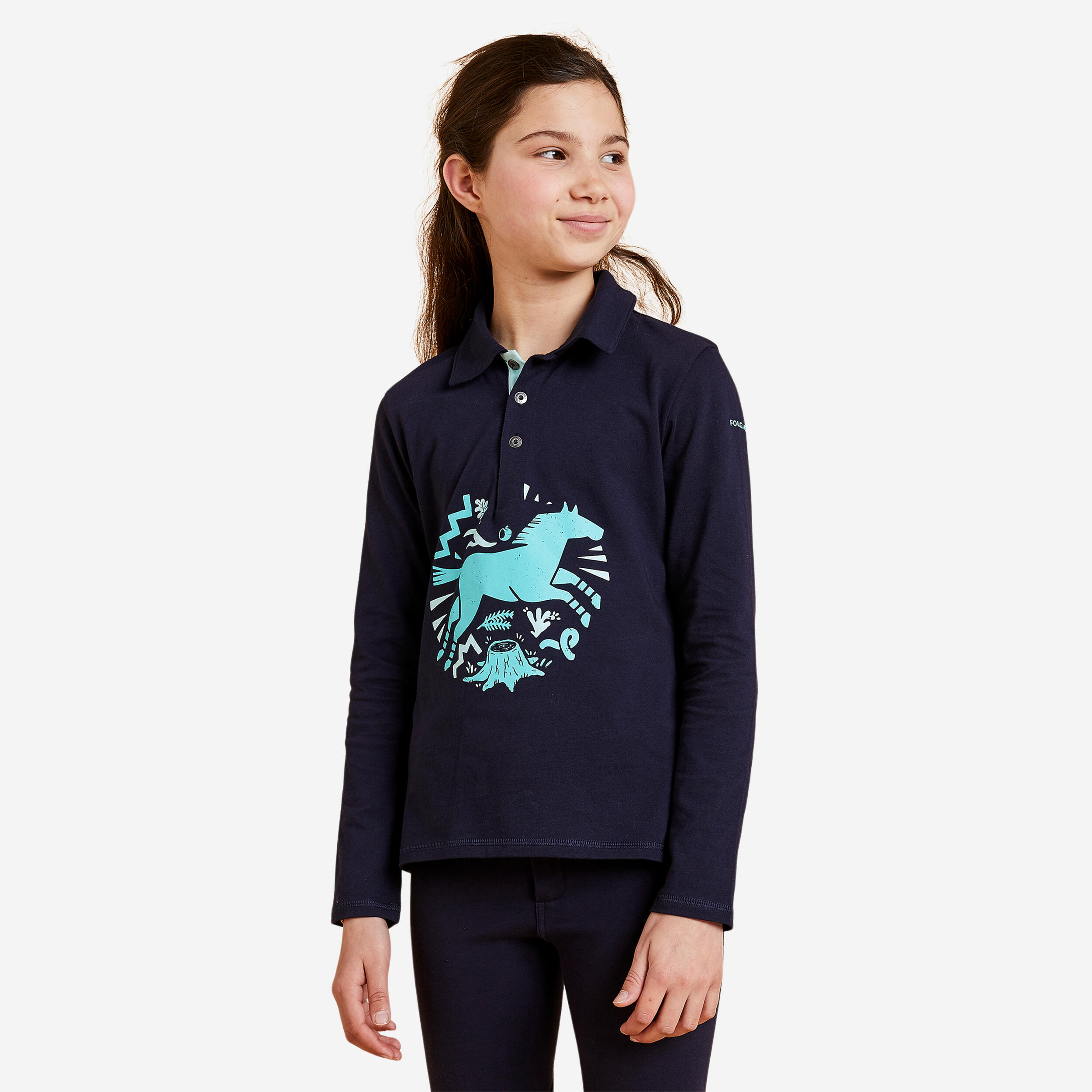 Girl's long-sleeved polo shirt 100 blue, black and turquoise