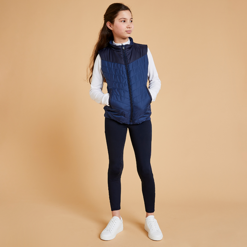 Doudoune equitation sans manches Enfant 500 bleu turquin et marine pour les clubs et collectivites Decathlon Pro