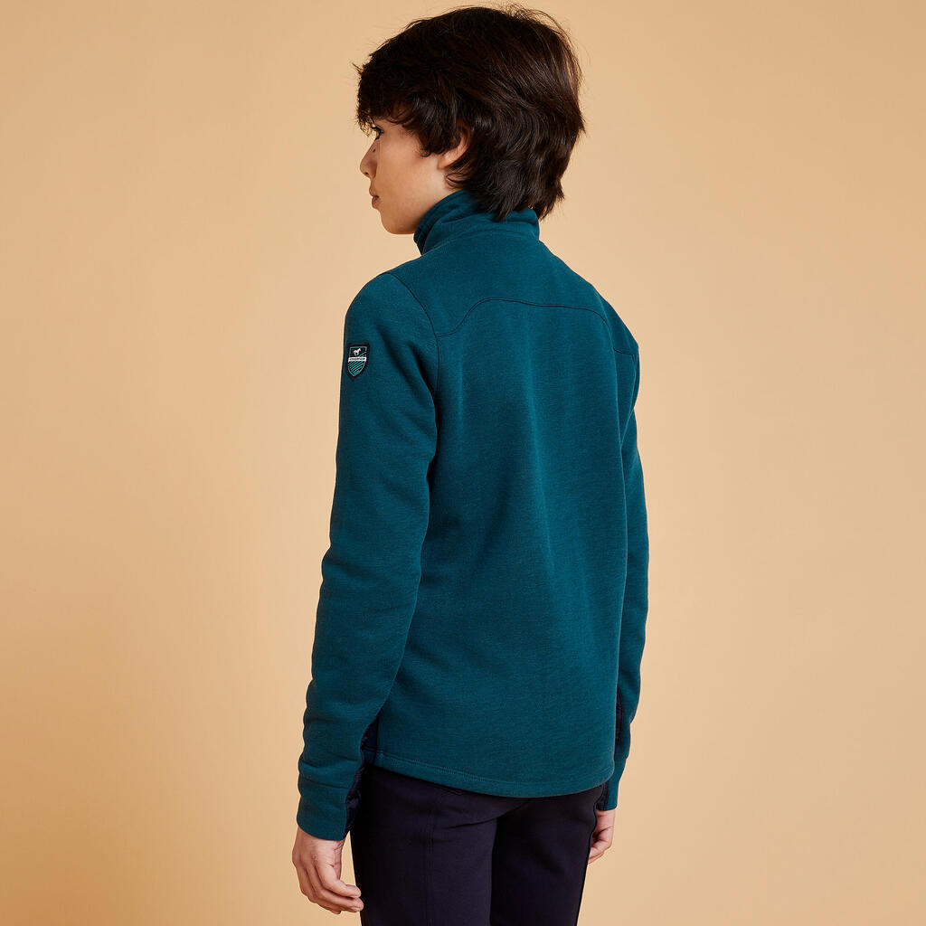 Kids' Mixed Media Horse Riding Zipped Sweatshirt 500 - Petrol/Navy