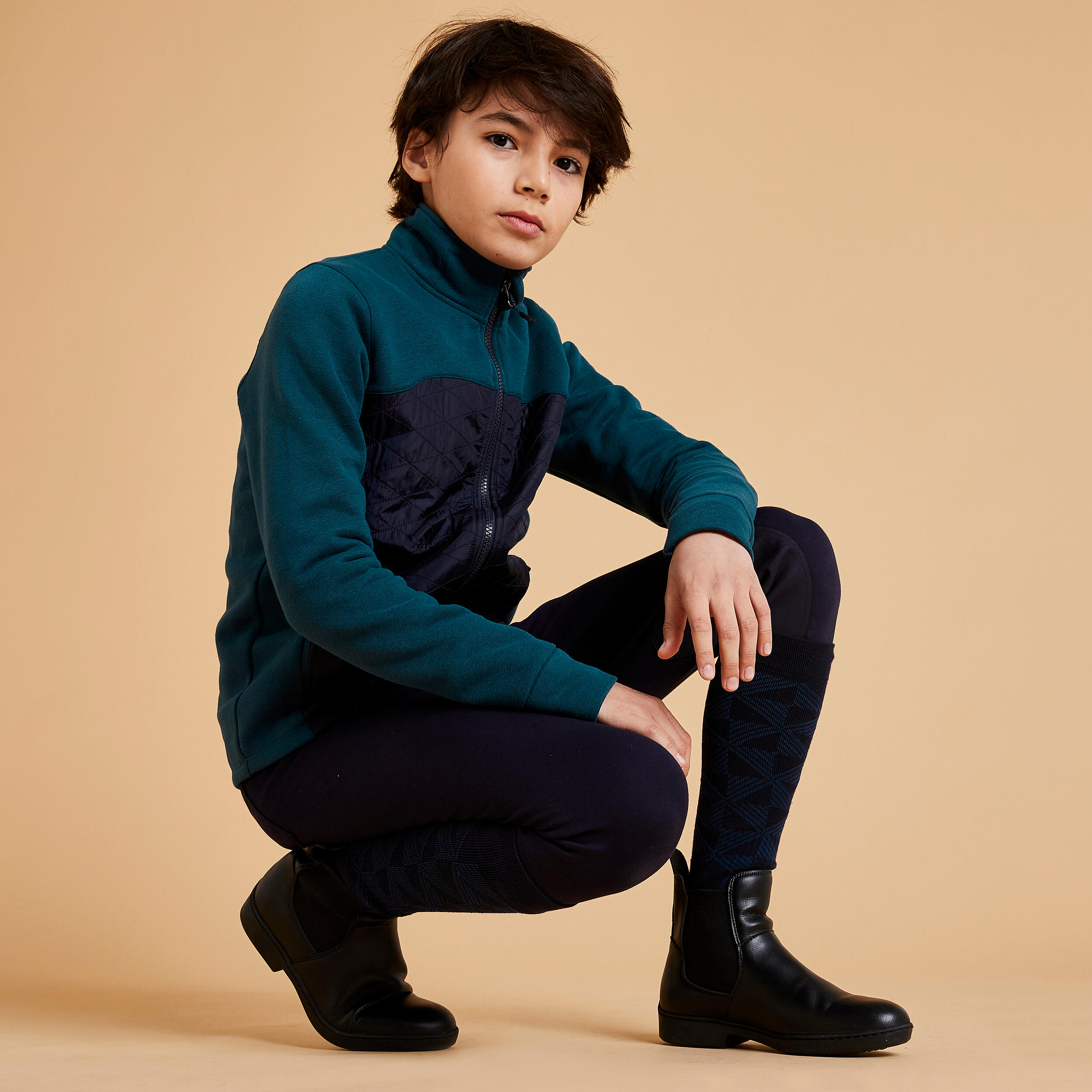Kids' Mixed Media Horse Riding Zipped Sweatshirt 500 - Petrol/Navy 5/6