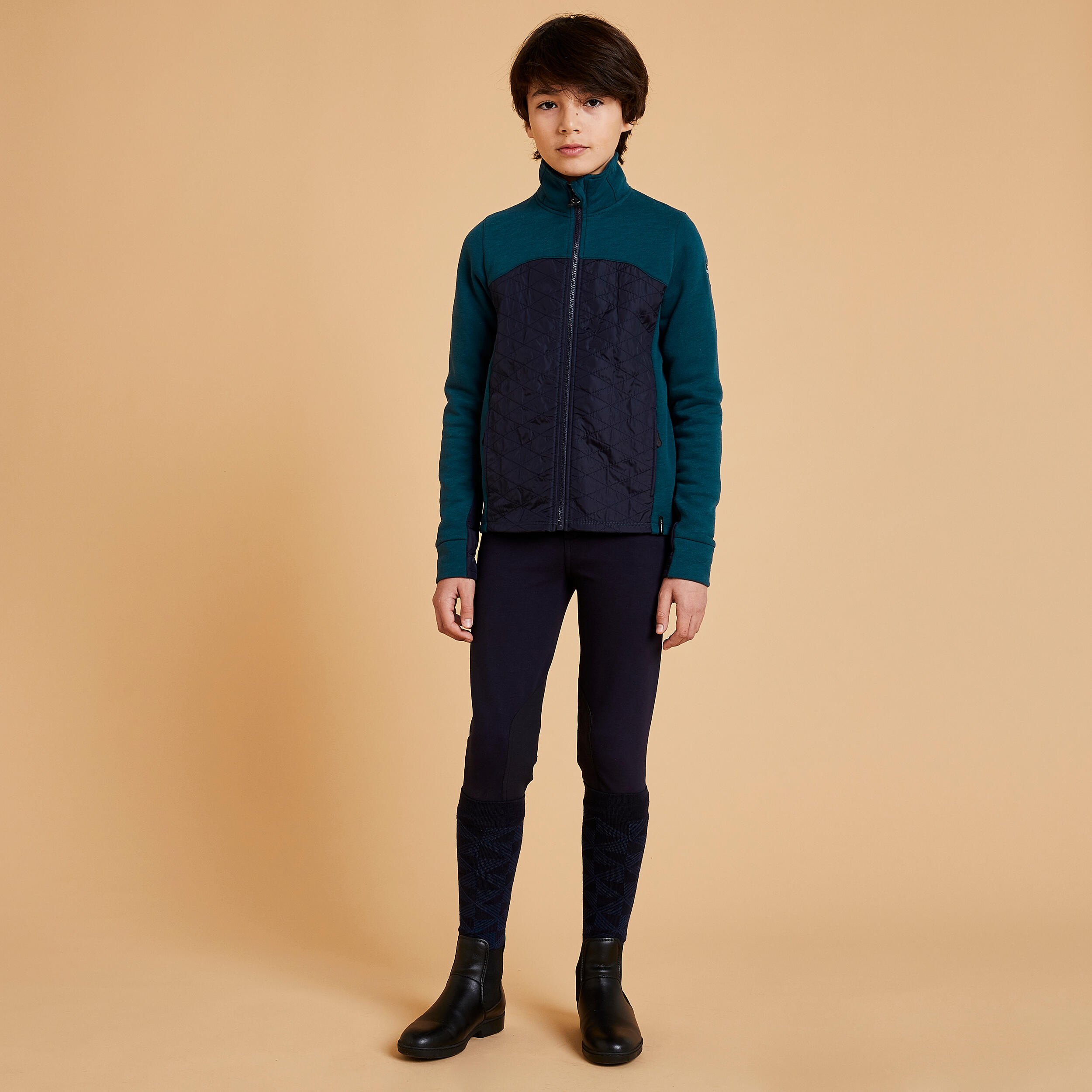 Kids' Mixed Media Horse Riding Zipped Sweatshirt 500 - Petrol/Navy 2/6