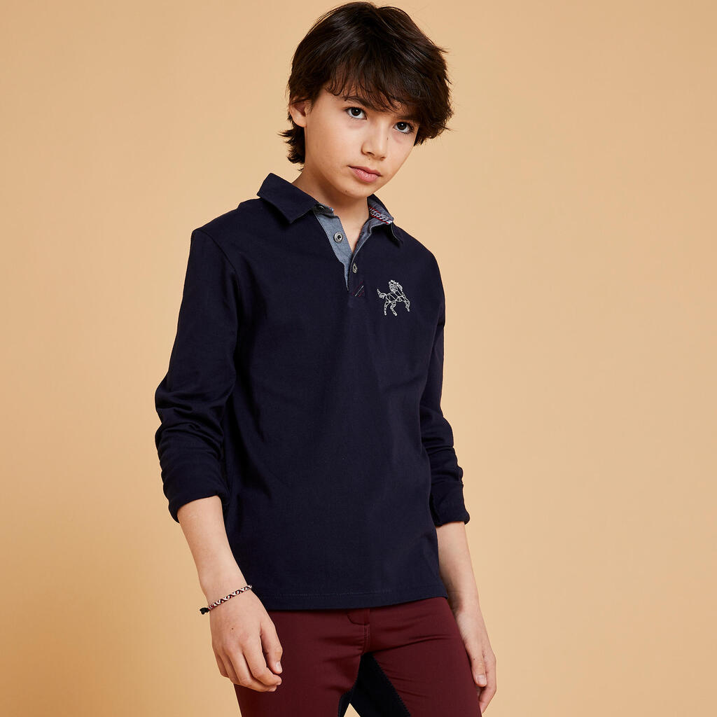 Boys' Horse Riding Long-Sleeved Polo 100 - Navy