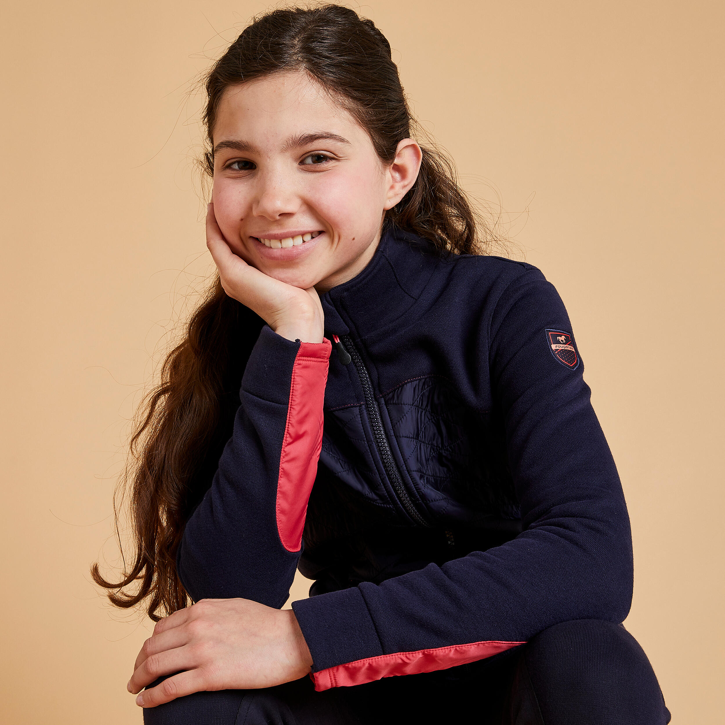 Kids' Mixed Media Horse Riding Zip Sweatshirt 500 - Navy/Pink - FOUGANZA