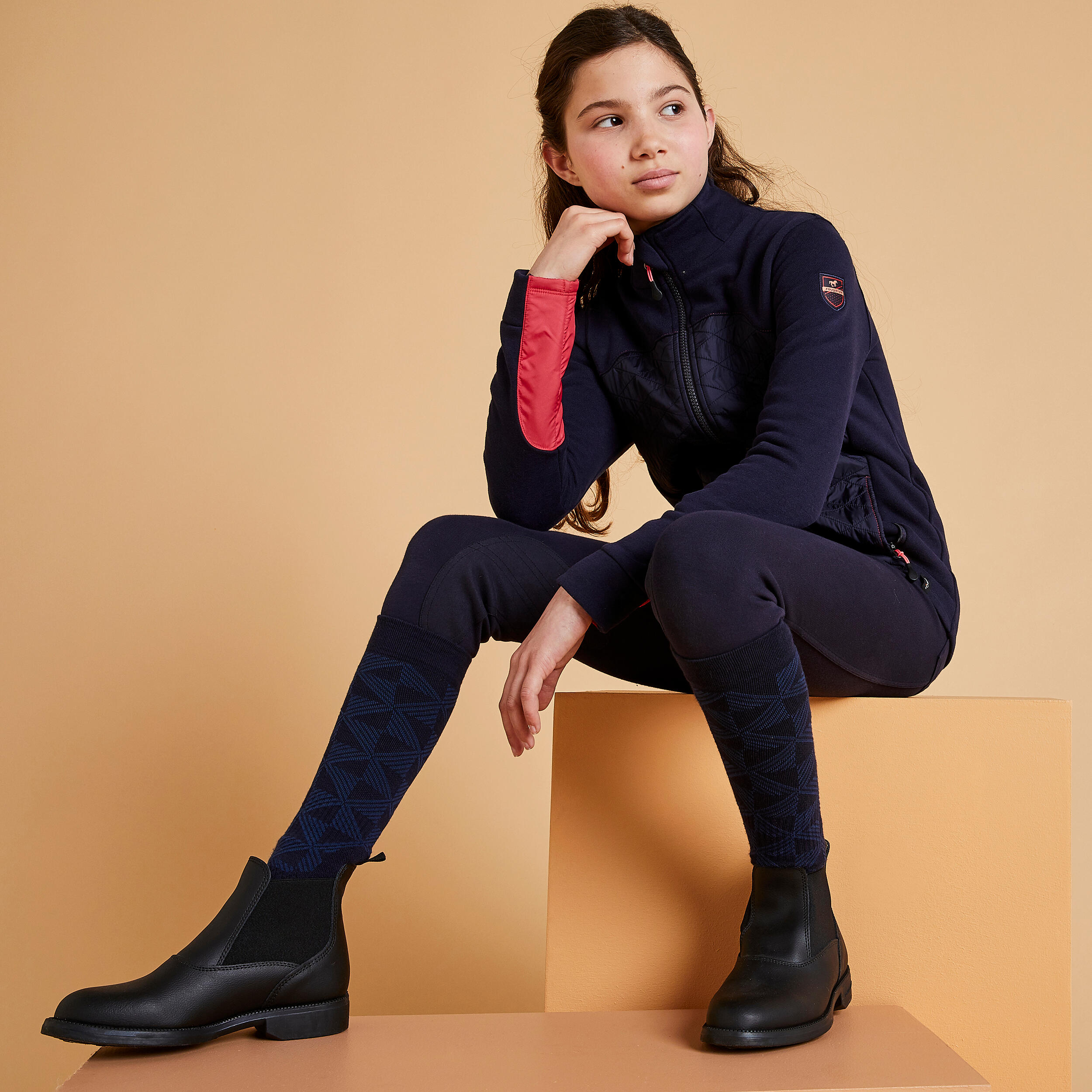 Kids' Mixed Media Horse Riding Zip Sweatshirt 500 Navy/Pink Asphalt