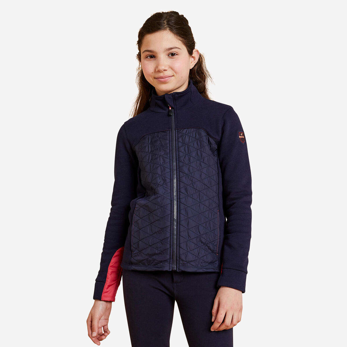 Sweat équitation bi-matière zippé Enfant - 500 marine et rose