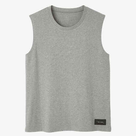 Men's Straight-Cut Crew Neck Stretchy Cotton Fitness Tank Top 500 Cosmeto - Mottled Grey