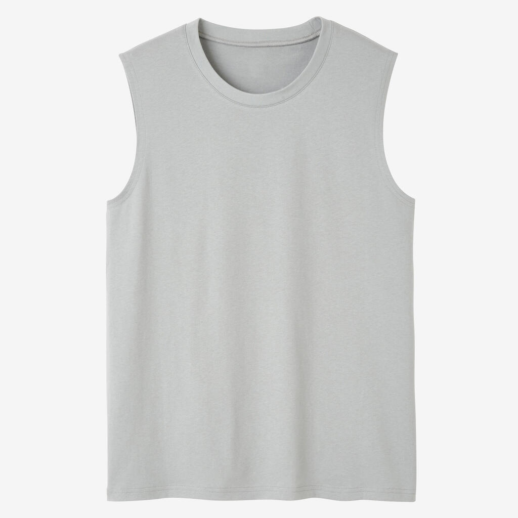 Men's Straight-Cut Crew Neck Cotton Fitness Tank Top 500 - Grey