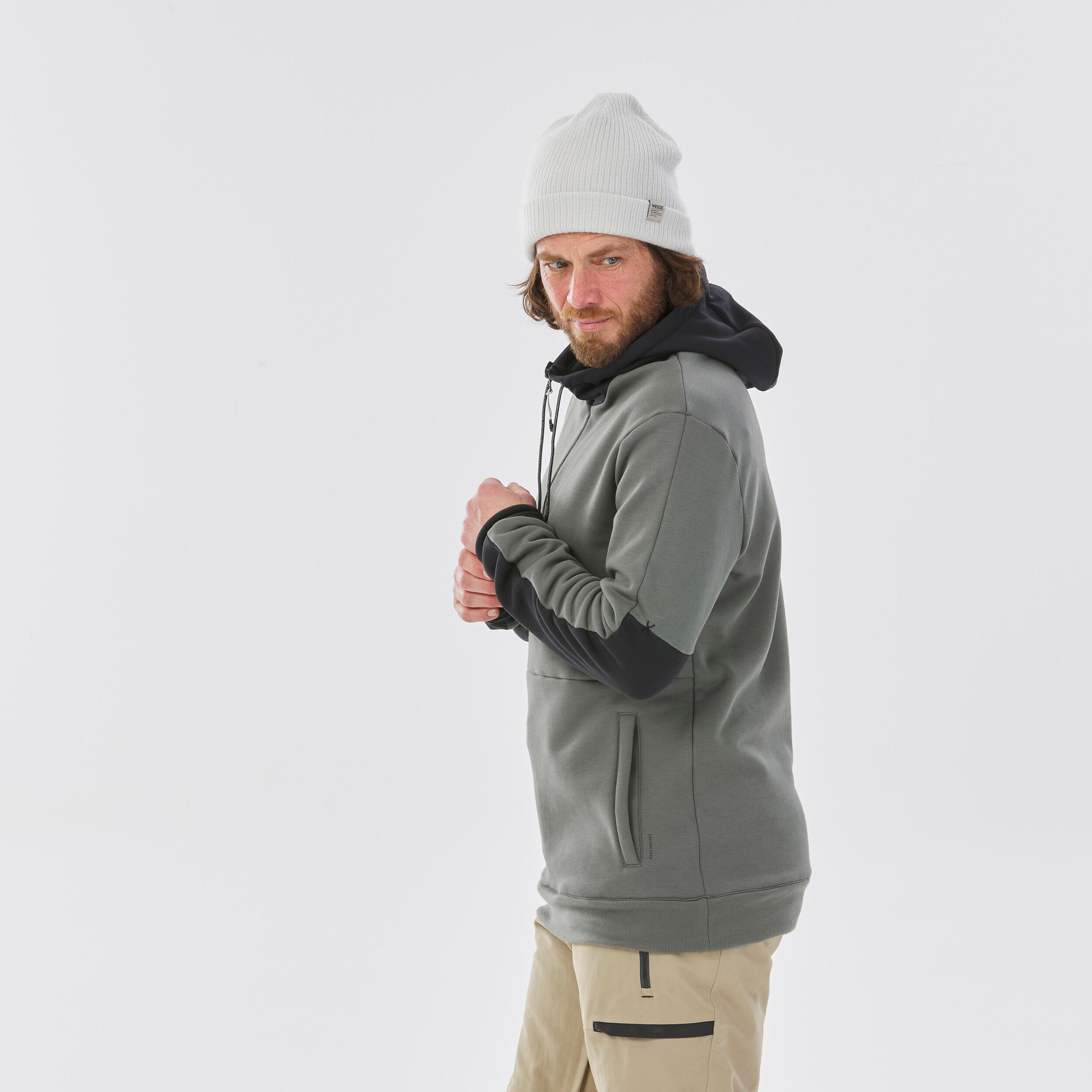 Men's 1/2 zip ski and snowboard hoody, 100 khaki/black