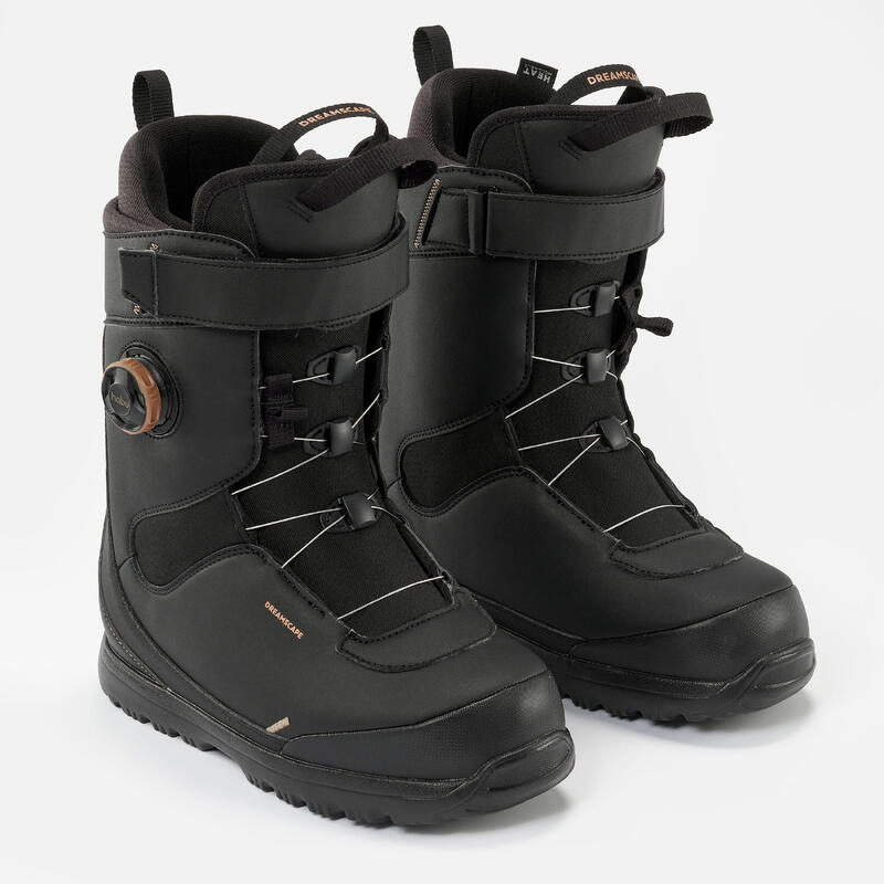 Botas de snowboard mulher aperto botão rotativo, flex médio - ALLROAD 500 preto