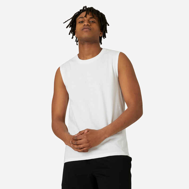 Men's Stretchy Fitness Tank Top 500 - White Men's Stretchy Fitness Tank Top 500 - White
