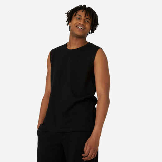 
      Men's Straight-Cut Crew Neck Stretchy Cotton Fitness Tank Top 500 - Black
  