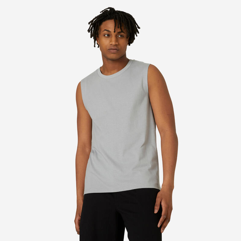 Camiseta fitness sin mangas tirantes cuello redondo algodón Domyos 500 blanco