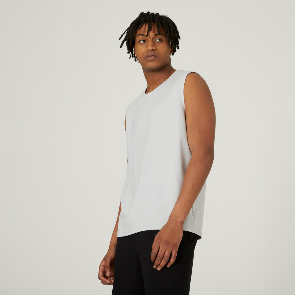 Men's Straight-Cut Crew Neck Stretchy Cotton Fitness Tank Top 500 Cosmeto - Light Grey