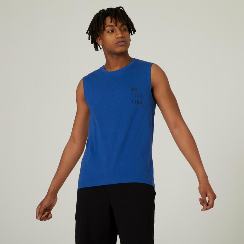 Camiseta fitness sin mangas algodón extensible Hombre Domyos azul