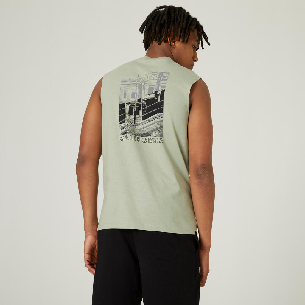 Men's straight-cut crew neck stretchy cotton fitness tank top 500 cosmeto - sage grey