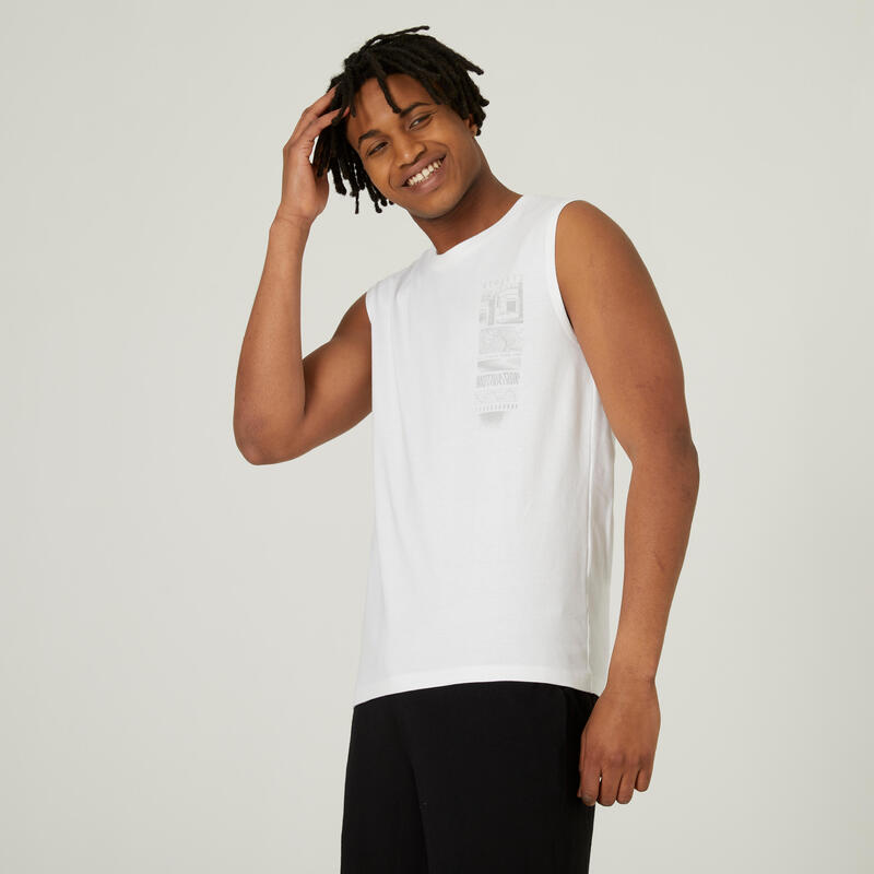 T-shirt sem Mangas de Ginástica e Pilates Homem em Algodão Extensível c/ Decote Redondo 500 Cosmeto Branco