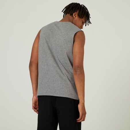 Men's Straight-Cut Crew Neck Stretchy Cotton Fitness Tank Top 500 Cosmeto - Mottled Grey