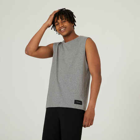 Men's Straight-Cut Crew Neck Stretchy Cotton Fitness Tank Top 500 Cosmeto - Mottled Grey