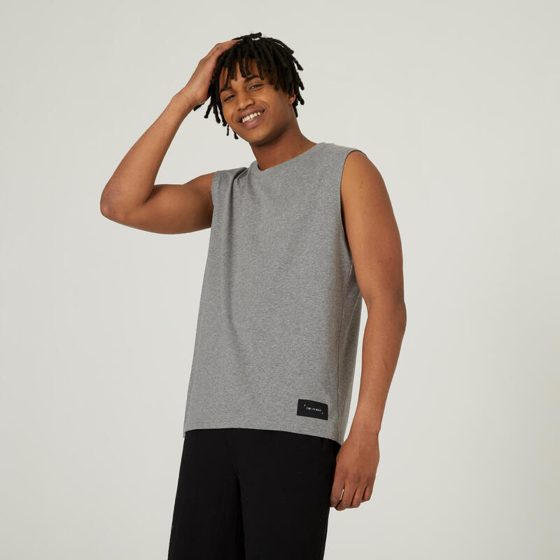 T-shirt sem Mangas de Ginástica e Pilates Direita de Gola Redonda 500 Cosmeto Homem Cinzento Mesclado