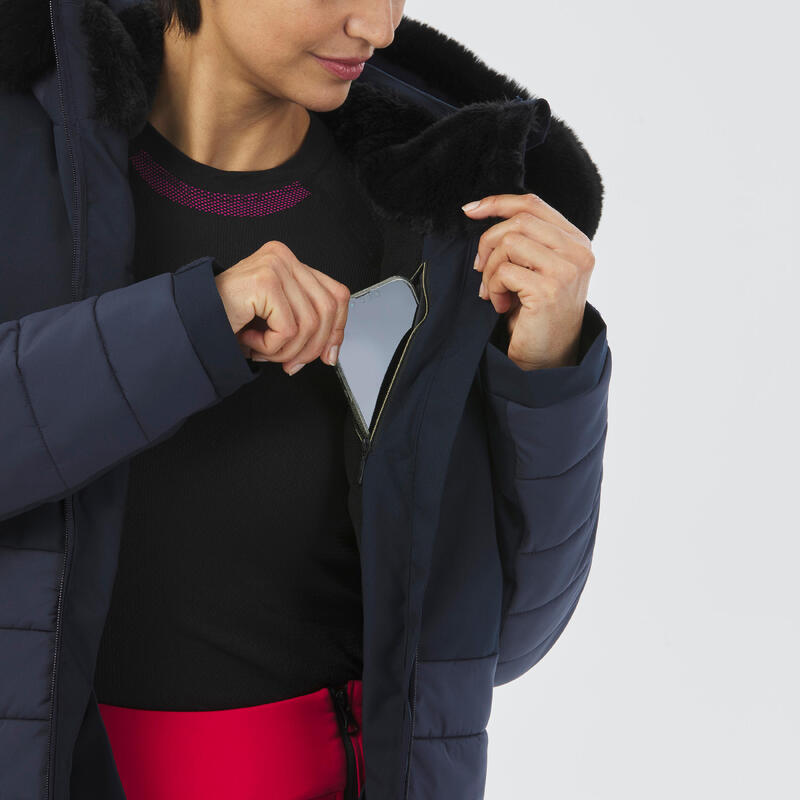 Warme halflange ski-jas voor dames 100 marineblauw