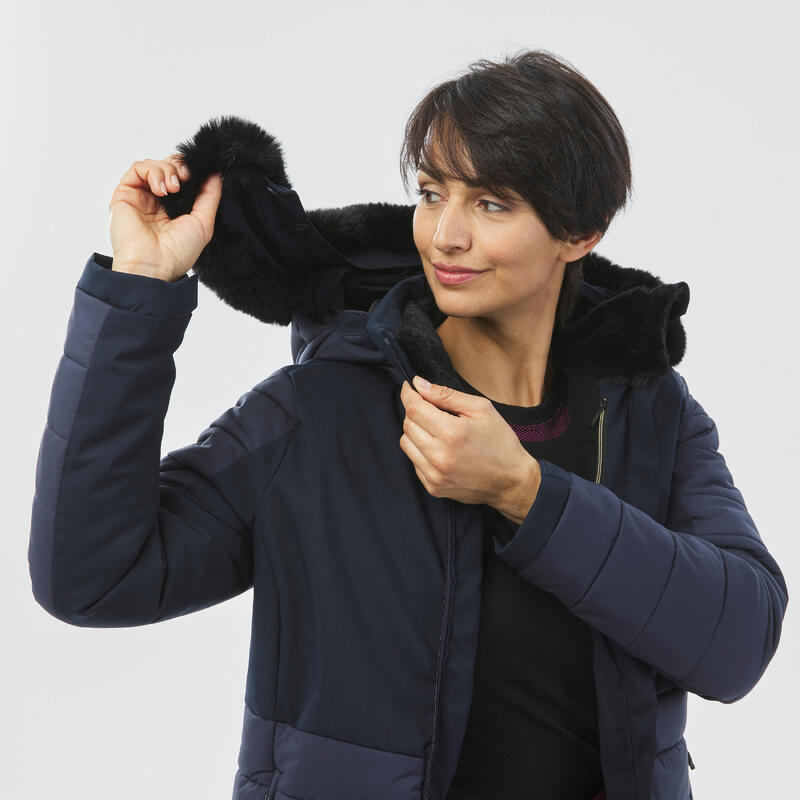 Warme halflange ski-jas voor dames 100 marineblauw