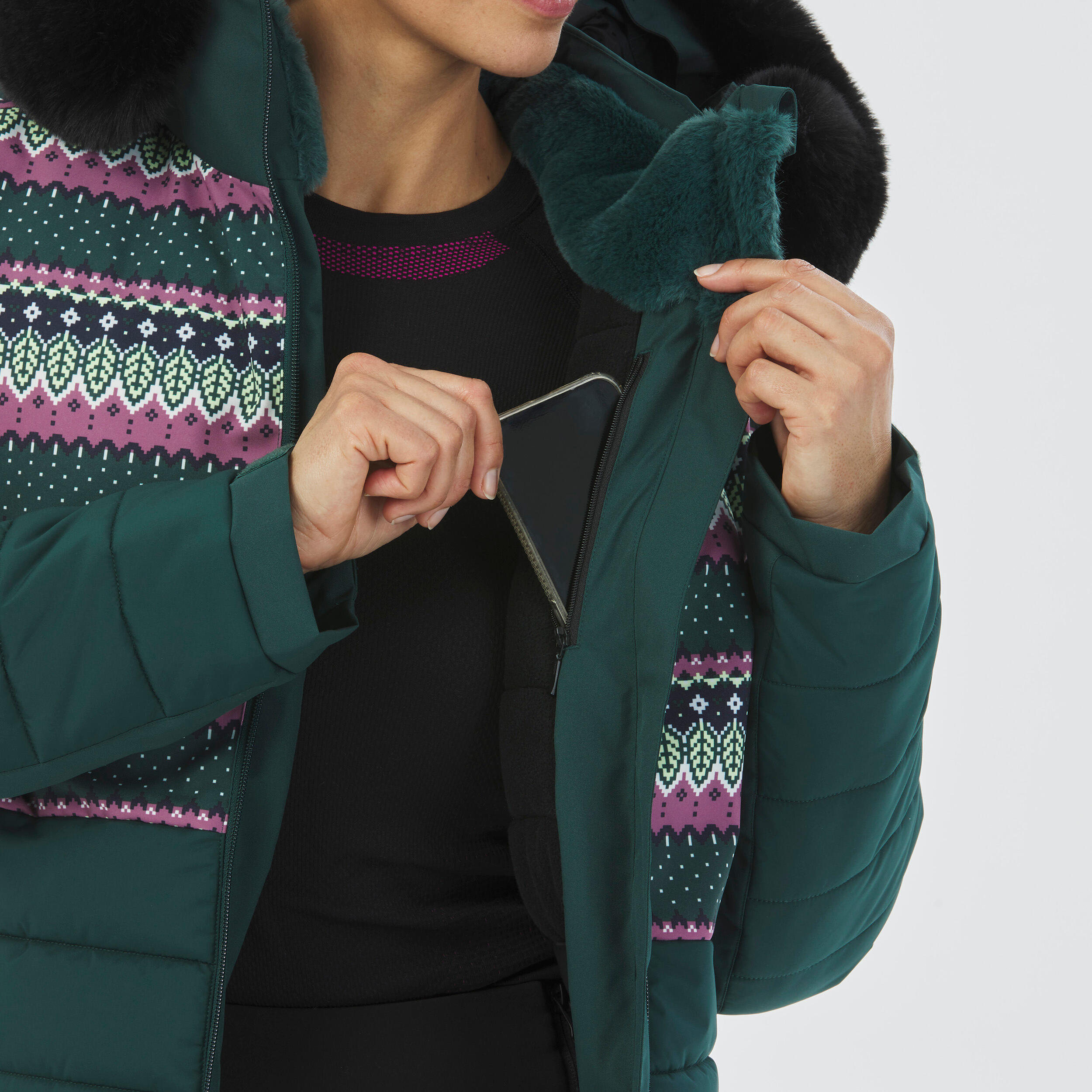 Women's Mid-Length Warm Ski Jacket - 100 Patterned 8/12