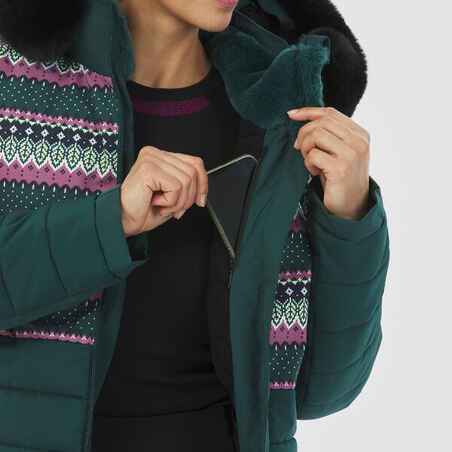 Women's Mid-Length Warm Ski Jacket - 100 Patterned