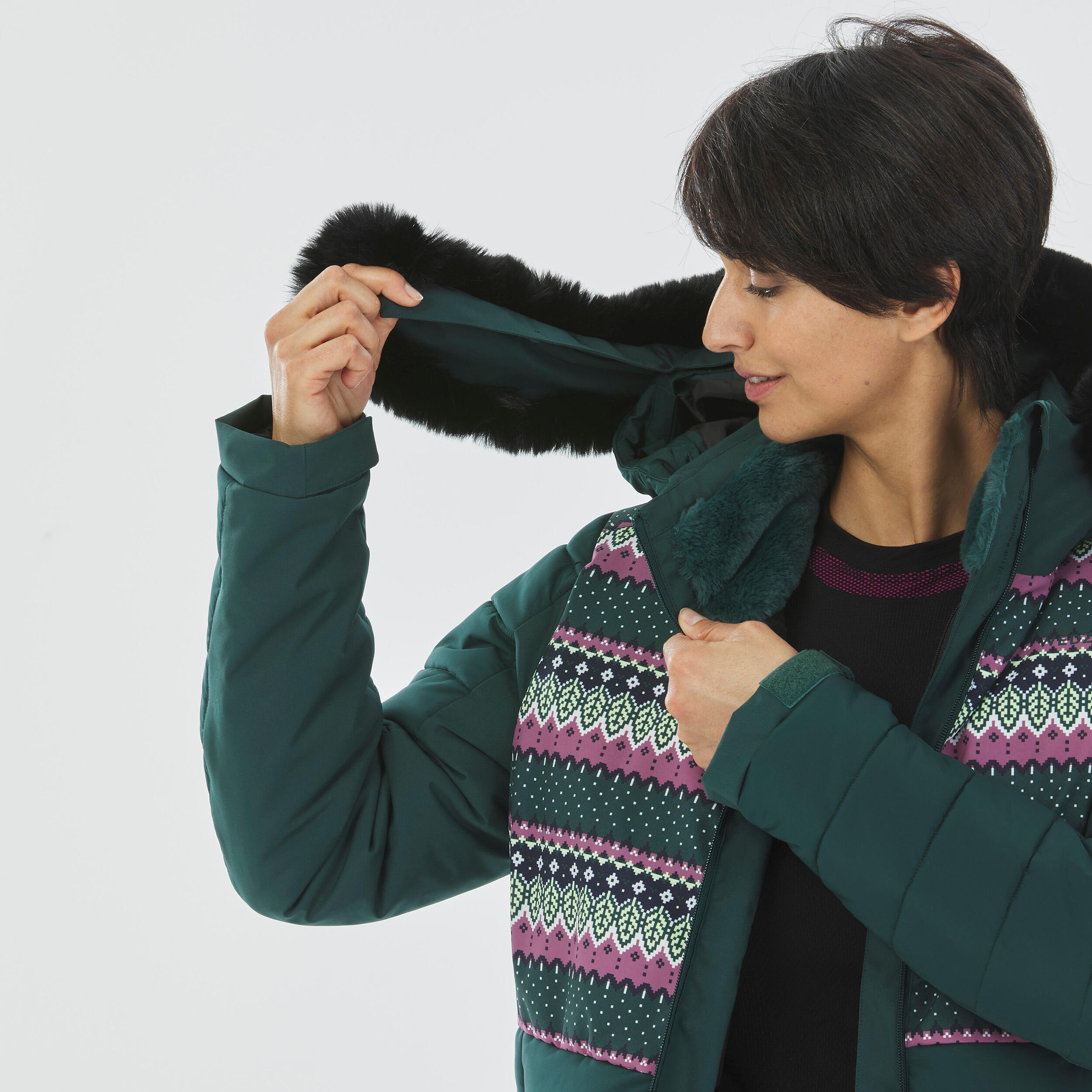 Women's Mid-Length Warm Ski Jacket - 100 Patterned 11/12