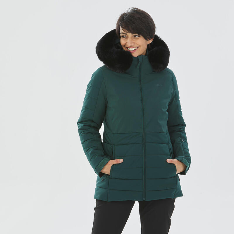 Warme halflange ski-jas voor dames 100 groen