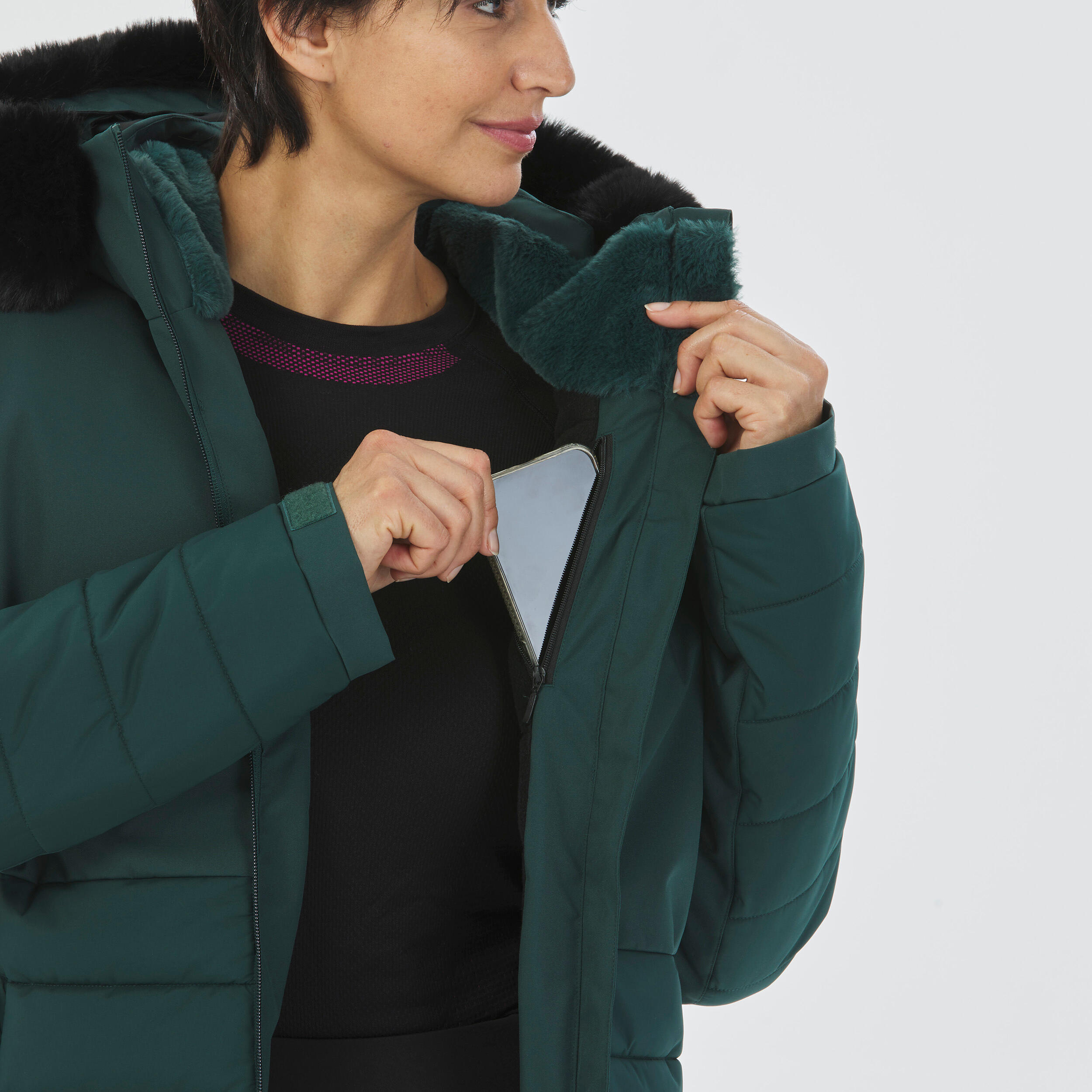 Women's Mid-Length Warm Ski Jacket 100 - Green 10/12