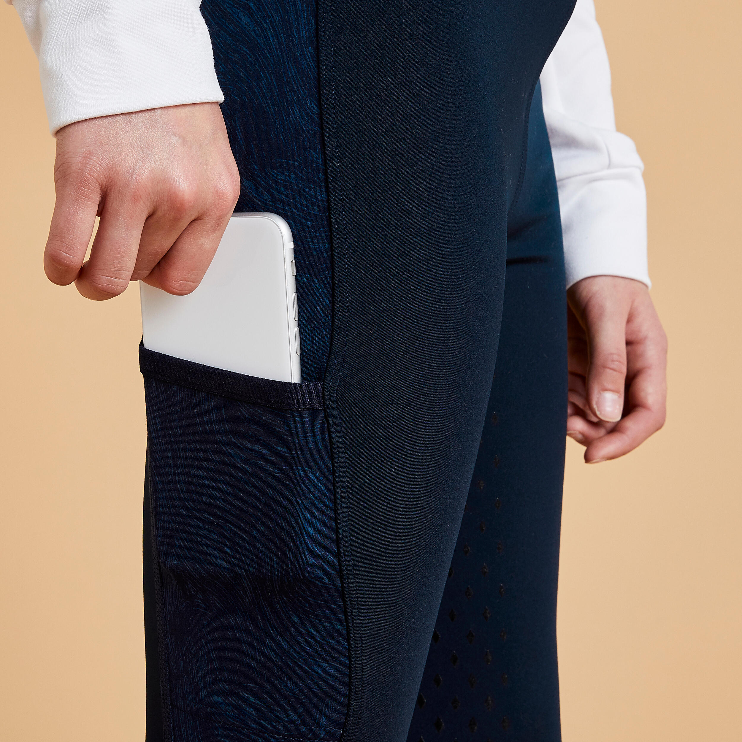 Kids' Horse Riding Leggings - Fullgrip 500 Navy Print - FOUGANZA
