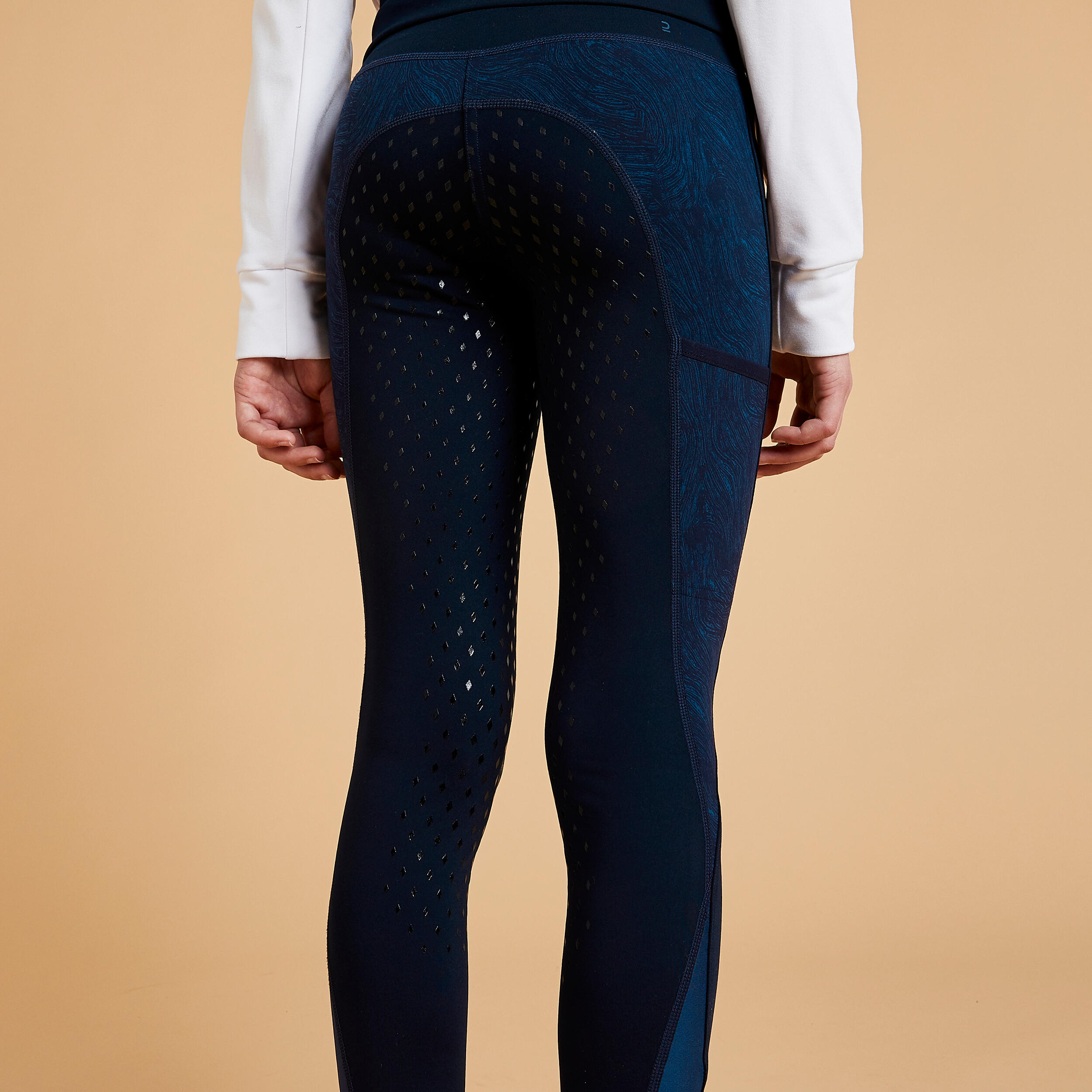 Kids' Horse Riding Leggings - Fullgrip 500 Navy Print - FOUGANZA