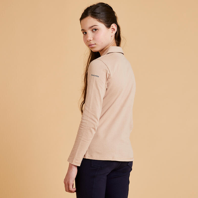 Poloshirt met lange mouwen voor paardrijden meisjes 100 beige en marineblauw